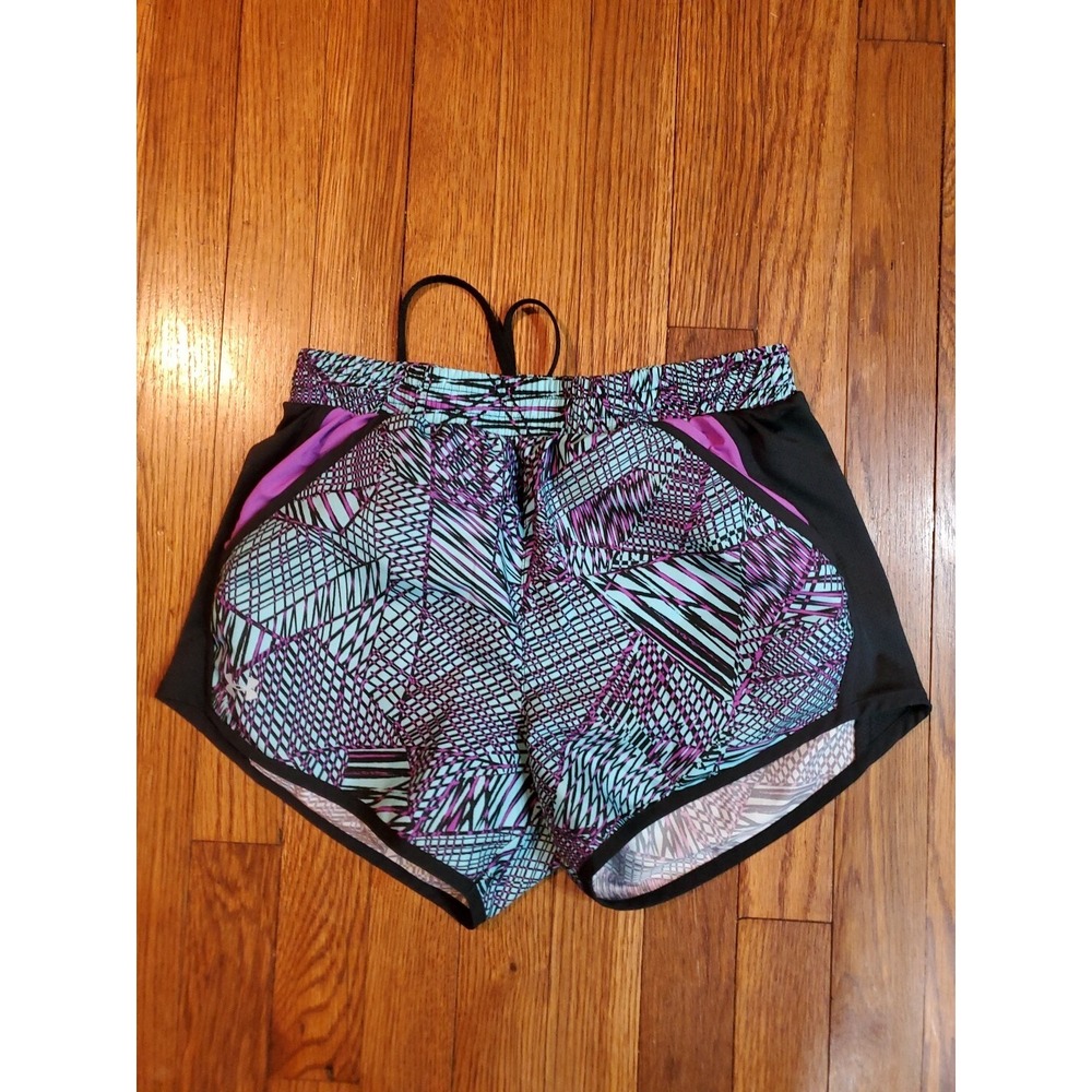 Under Armour HeatGear Loose Running Shorts Womens XS Black Teal Purple Geometric